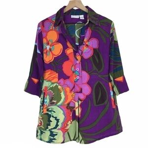 SOFT SURROUNDINGS Tunic Popover Top Floral Jewel Tone Art to Wear Petite Medium